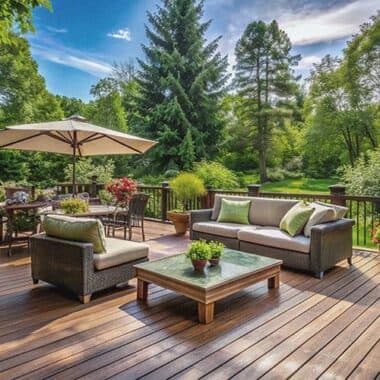 Beautiful outdoor deck with refinished wood surfaces, surrounded by greenery, featuring furniture, potted plants, and a shaded seating area.
