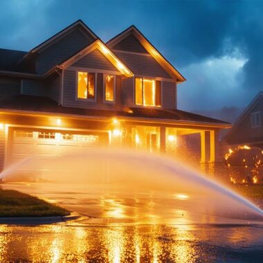 House protected with fire-retardant exterior paint during a wildfire, with sprinklers preventing flames from spreading to the property