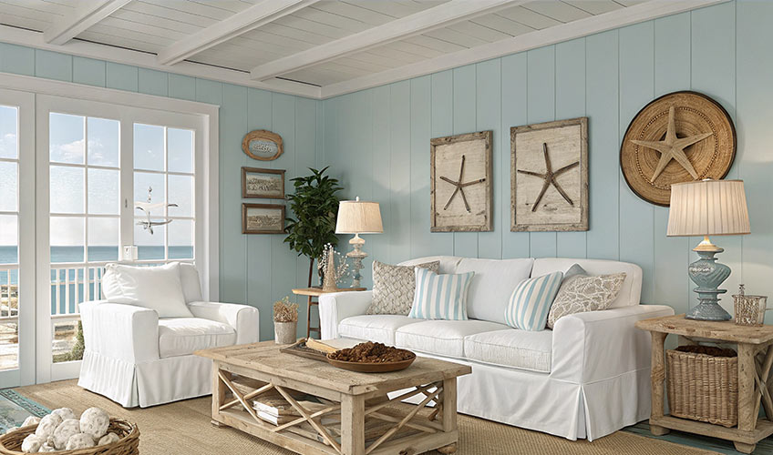 Painting high-end homes in Malibu & Pacific Palisades – elegant coastal living room with light blue walls, white furniture, and ocean view.
