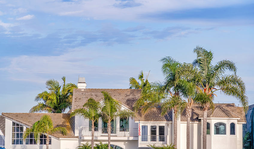 Painting high-end homes in Malibu & Pacific Palisades – luxury coastal home with palm trees and bright white exterior under a blue sky.