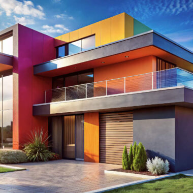 A vibrant, modern house showcasing a flawless high-end home painting finish under a clear sky.