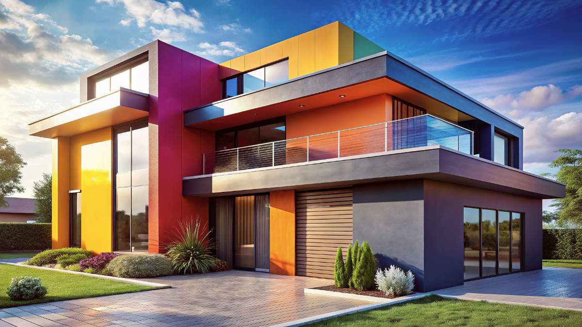 A vibrant, modern house showcasing a flawless high-end home painting finish under a clear sky.