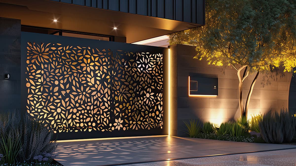 Modern perforated metal driveway gate with a leaf pattern, lit at night beside a landscaped entry wall.