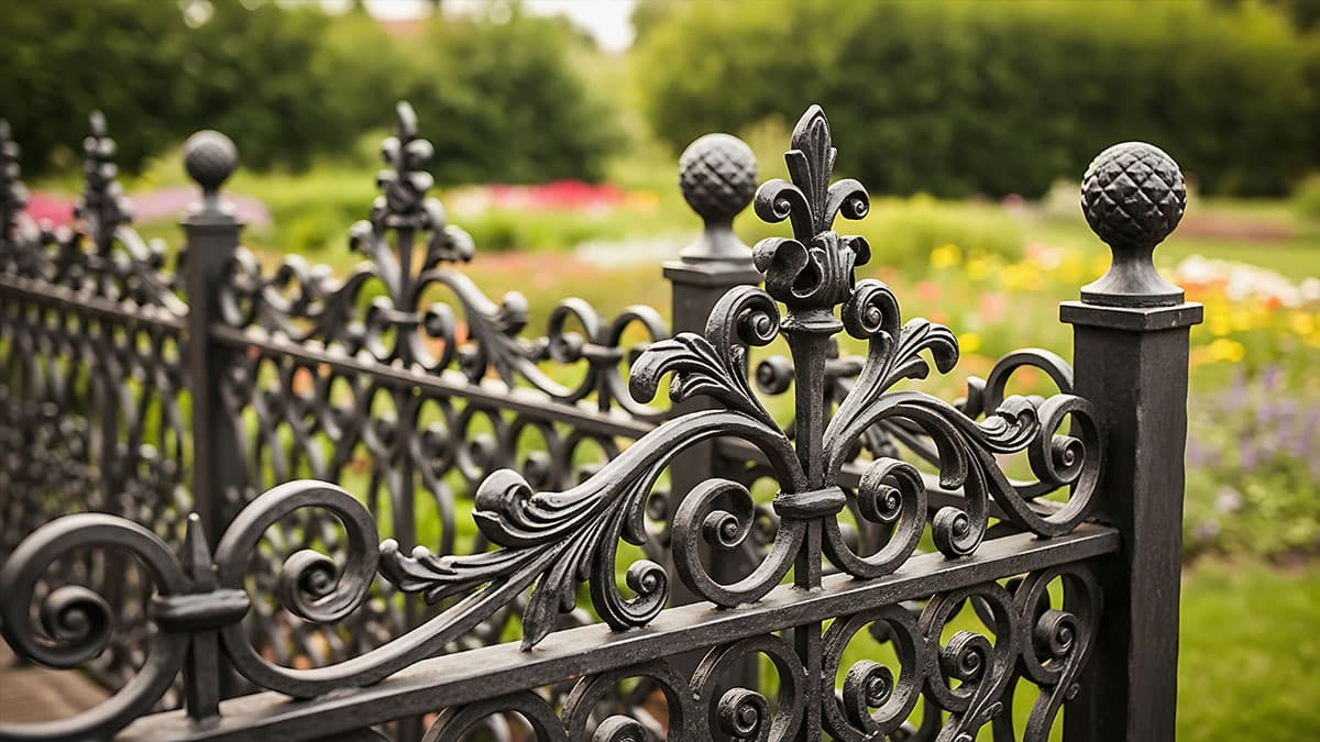 Decorative wrought-iron fence with scrollwork and finials, with a garden in the background.
