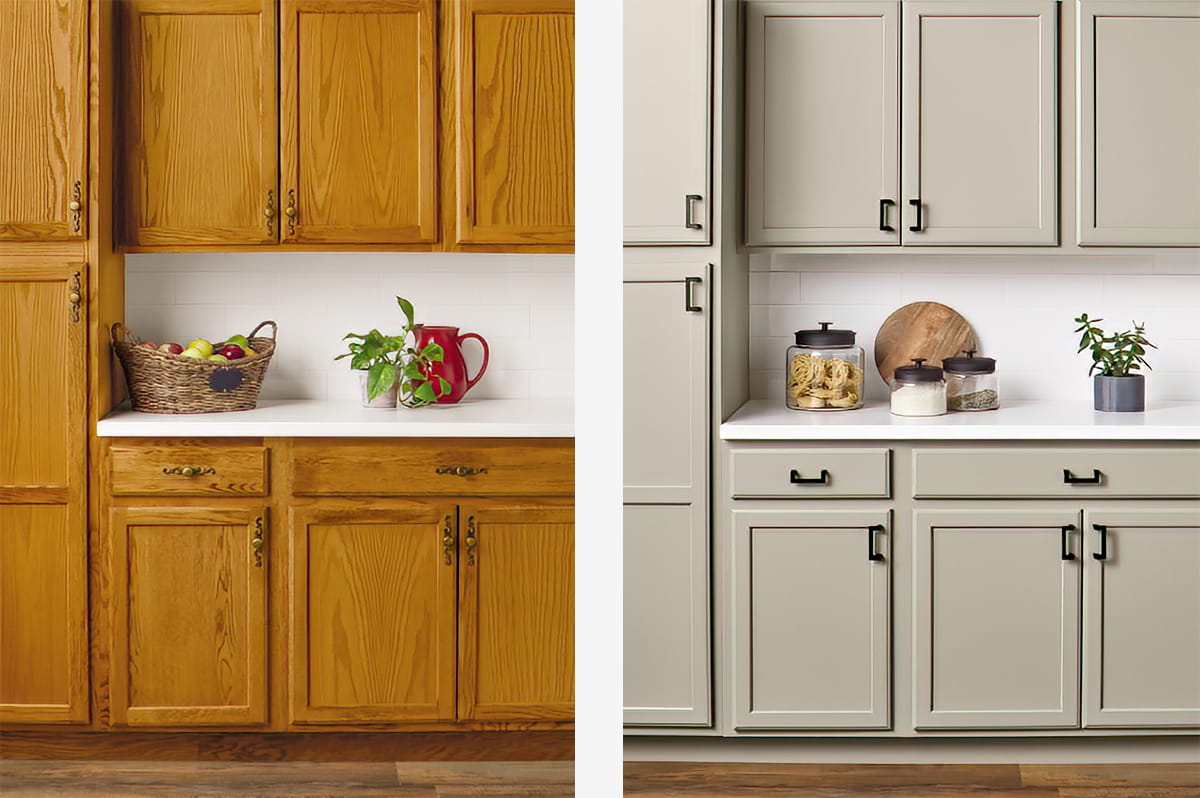 Before-and-after cabinet refinishing example for Marina del Rey homes, showing oak cabinets with a new light gray finish and black handles.
